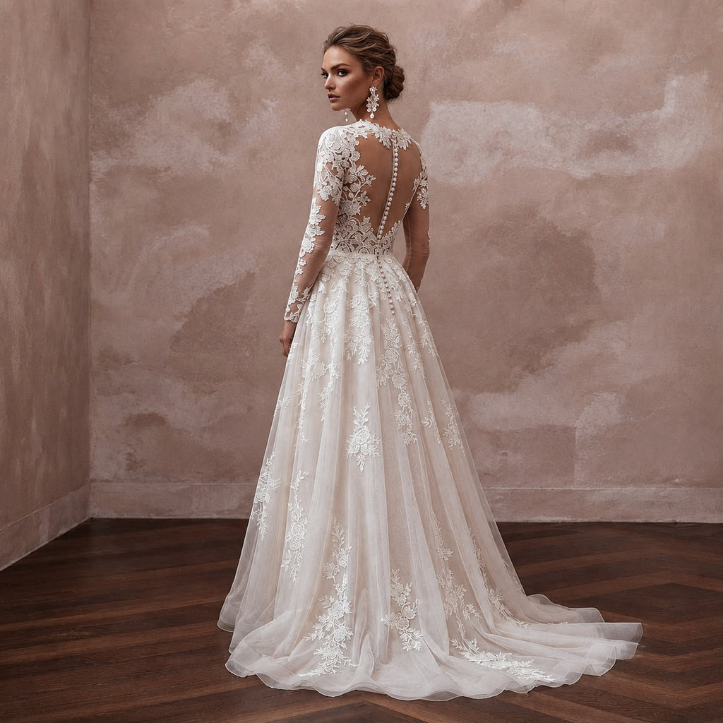 Venetian Lace Wedding Dresses with Intricate Floral Details - Apparel & Accessories > Clothing > Wedding & Bridal Party Dresses > Wedding Dresses - Mignonette Bridal