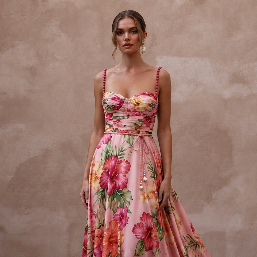 Vibrant Blush Hibiscus Print Silk Dress for Luau Rehearsal