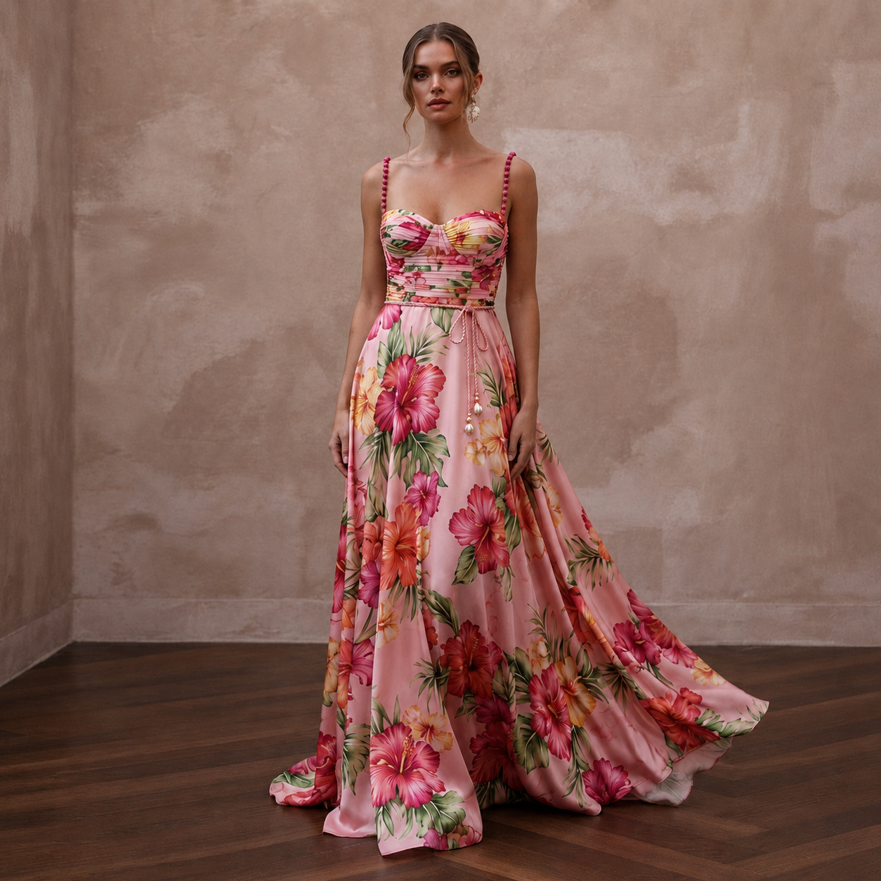 Vibrant Blush Hibiscus Print Silk Dress for Luau Rehearsal Main image