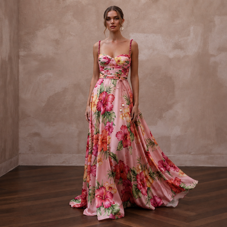 Vibrant Blush Hibiscus Print Silk Dress for Luau Rehearsal