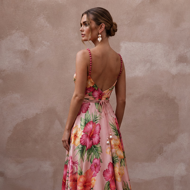 Vibrant Blush Hibiscus Print Silk Dress for Luau Rehearsal - Apparel & Accessories > Clothing > Wedding & Bridal Party Dresses > Wedding Dresses - Mignonette Bridal