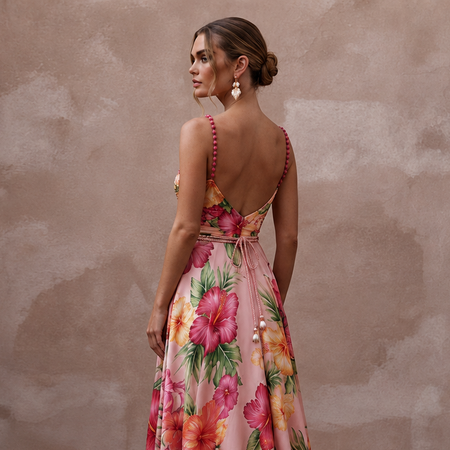 Vibrant Blush Hibiscus Print Silk Dress for Luau Rehearsal