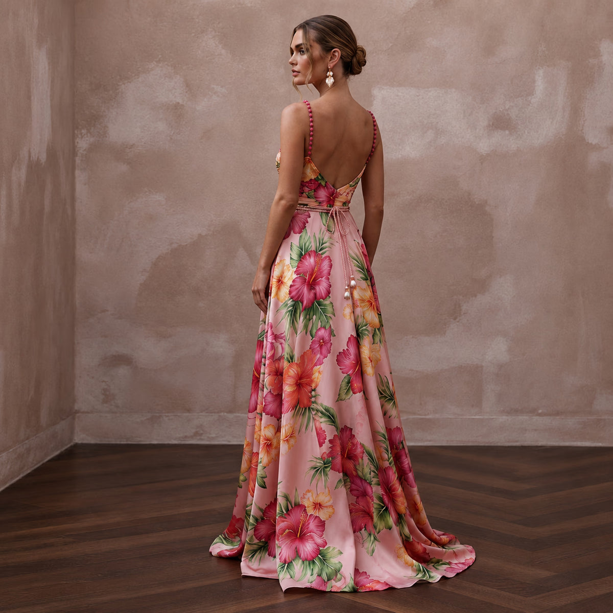Vibrant Blush Hibiscus Print Silk Dress for Luau Rehearsal - Apparel & Accessories > Clothing > Wedding & Bridal Party Dresses > Wedding Dresses - Mignonette Bridal
