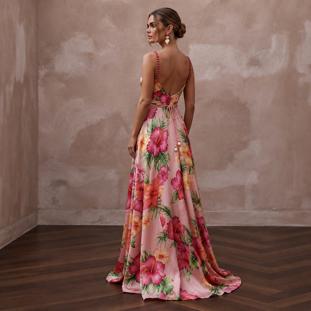 Vibrant Blush Hibiscus Print Silk Dress for Luau Rehearsal