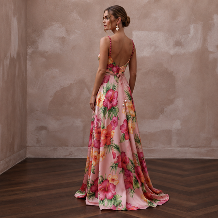 Vibrant Blush Hibiscus Print Silk Dress for Luau Rehearsal