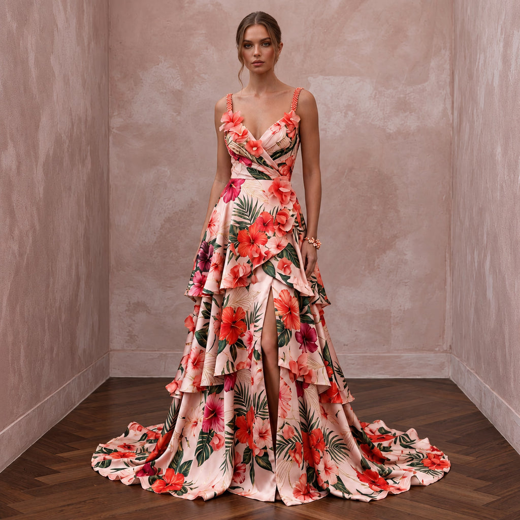 Vibrant Blush Hibiscus Print Silk Wedding Dress for Luau Rehearsal - Apparel & Accessories > Clothing > Wedding & Bridal Party Dresses > Wedding Dresses - Mignonette Bridal