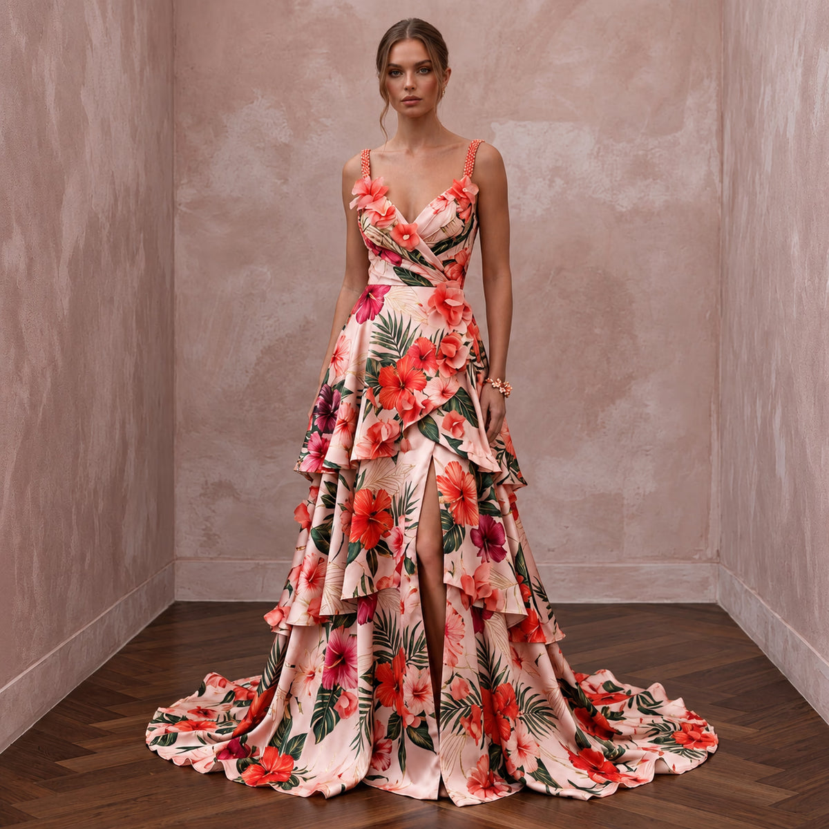 Vibrant Blush Hibiscus Print Silk Wedding Dress for Luau Rehearsal - Apparel & Accessories > Clothing > Wedding & Bridal Party Dresses > Wedding Dresses - Mignonette Bridal