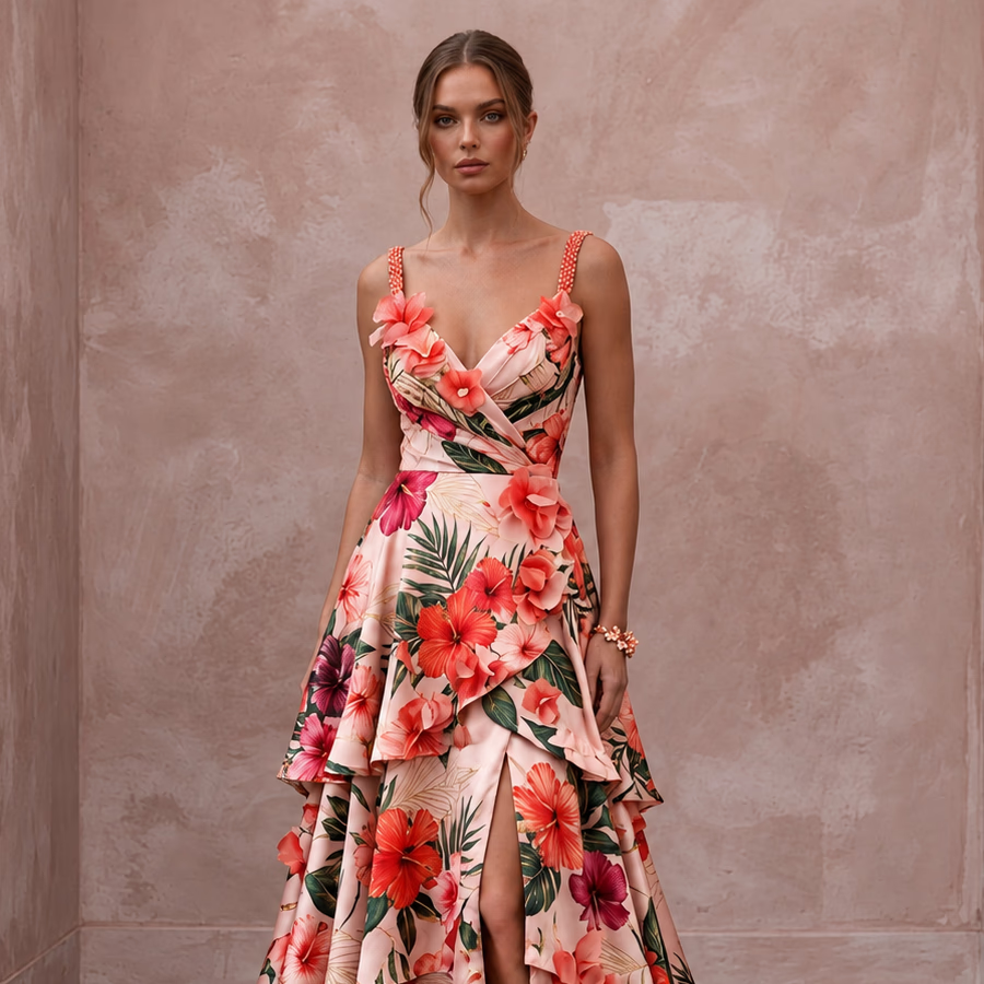 Vibrant Blush Hibiscus Print Silk Wedding Dress for Luau Rehearsal - Apparel & Accessories > Clothing > Wedding & Bridal Party Dresses > Wedding Dresses - Mignonette Bridal