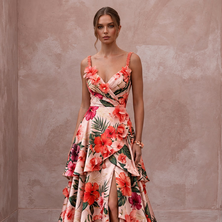 Vibrant Blush Hibiscus Print Silk Wedding Dress for Luau Rehearsal - Apparel & Accessories > Clothing > Wedding & Bridal Party Dresses > Wedding Dresses - Mignonette Bridal