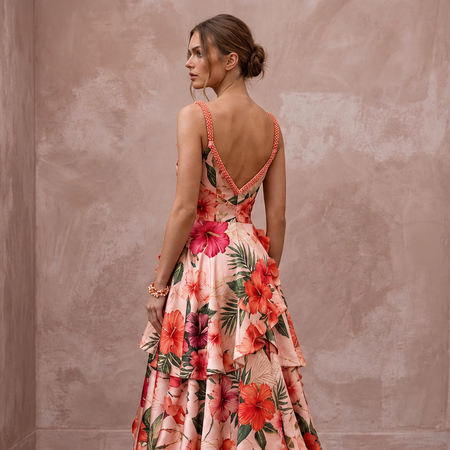 Vibrant Blush Hibiscus Print Silk Wedding Dress for Luau Rehearsal - Apparel & Accessories > Clothing > Wedding & Bridal Party Dresses > Wedding Dresses - Mignonette Bridal