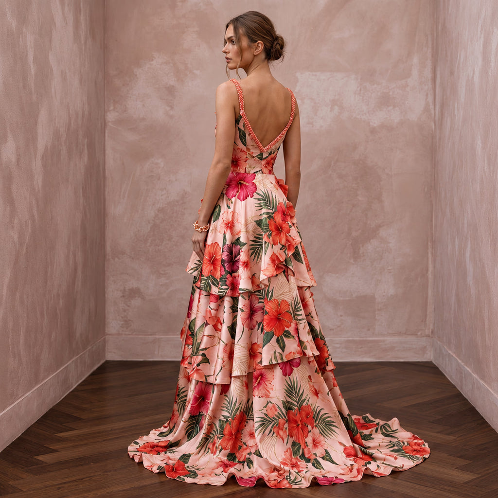 Vibrant Blush Hibiscus Print Silk Wedding Dress for Luau Rehearsal - Apparel & Accessories > Clothing > Wedding & Bridal Party Dresses > Wedding Dresses - Mignonette Bridal