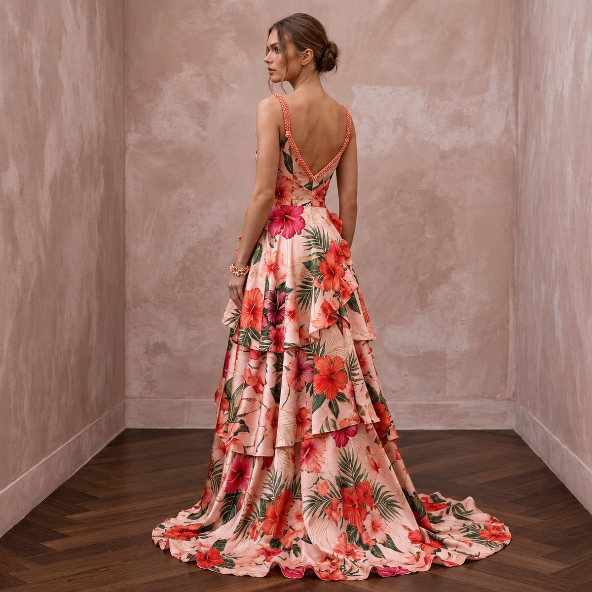 Vibrant Blush Hibiscus Print Silk Wedding Dress for Luau Rehearsal - Apparel & Accessories > Clothing > Wedding & Bridal Party Dresses > Wedding Dresses - Mignonette Bridal