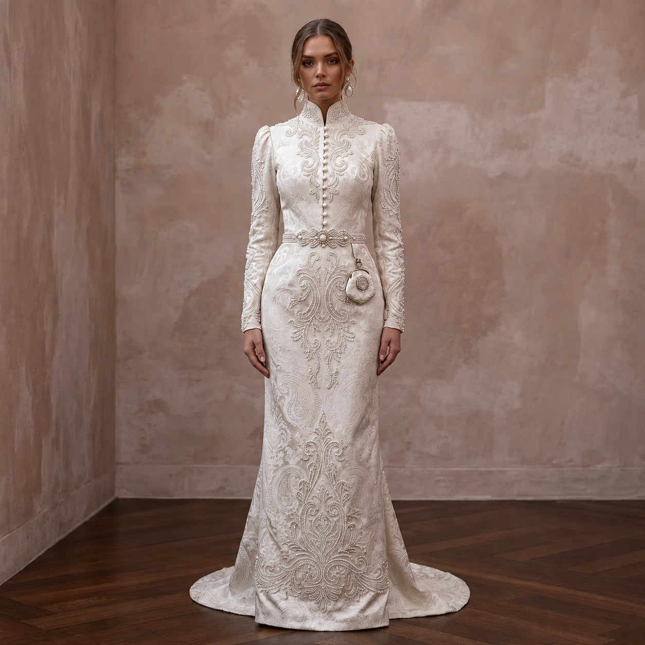 Victorian-Inspired Ivory Brocade High-Neck Gown for Themed Vow Exchange Secondary image