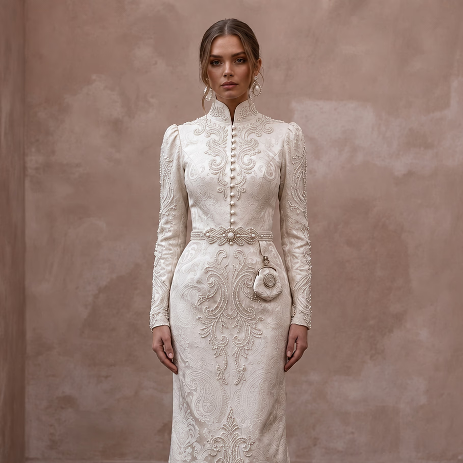 Victorian - Inspired Ivory Brocade High - Neck Gown for Themed Vow Exchange - Apparel & Accessories > Clothing > Wedding & Bridal Party Dresses > Wedding Dresses - Mignonette Bridal