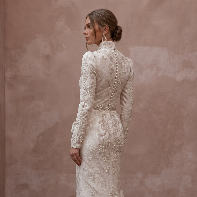 Victorian - Inspired Ivory Brocade High - Neck Gown for Themed Vow Exchange - Apparel & Accessories > Clothing > Wedding & Bridal Party Dresses > Wedding Dresses - Mignonette Bridal