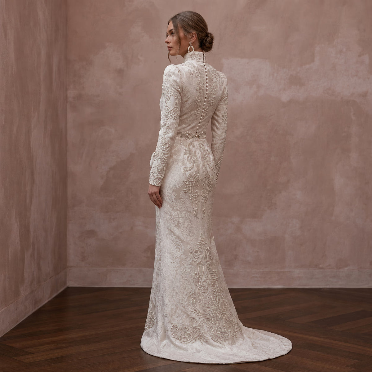 Victorian - Inspired Ivory Brocade High - Neck Gown for Themed Vow Exchange - Apparel & Accessories > Clothing > Wedding & Bridal Party Dresses > Wedding Dresses - Mignonette Bridal