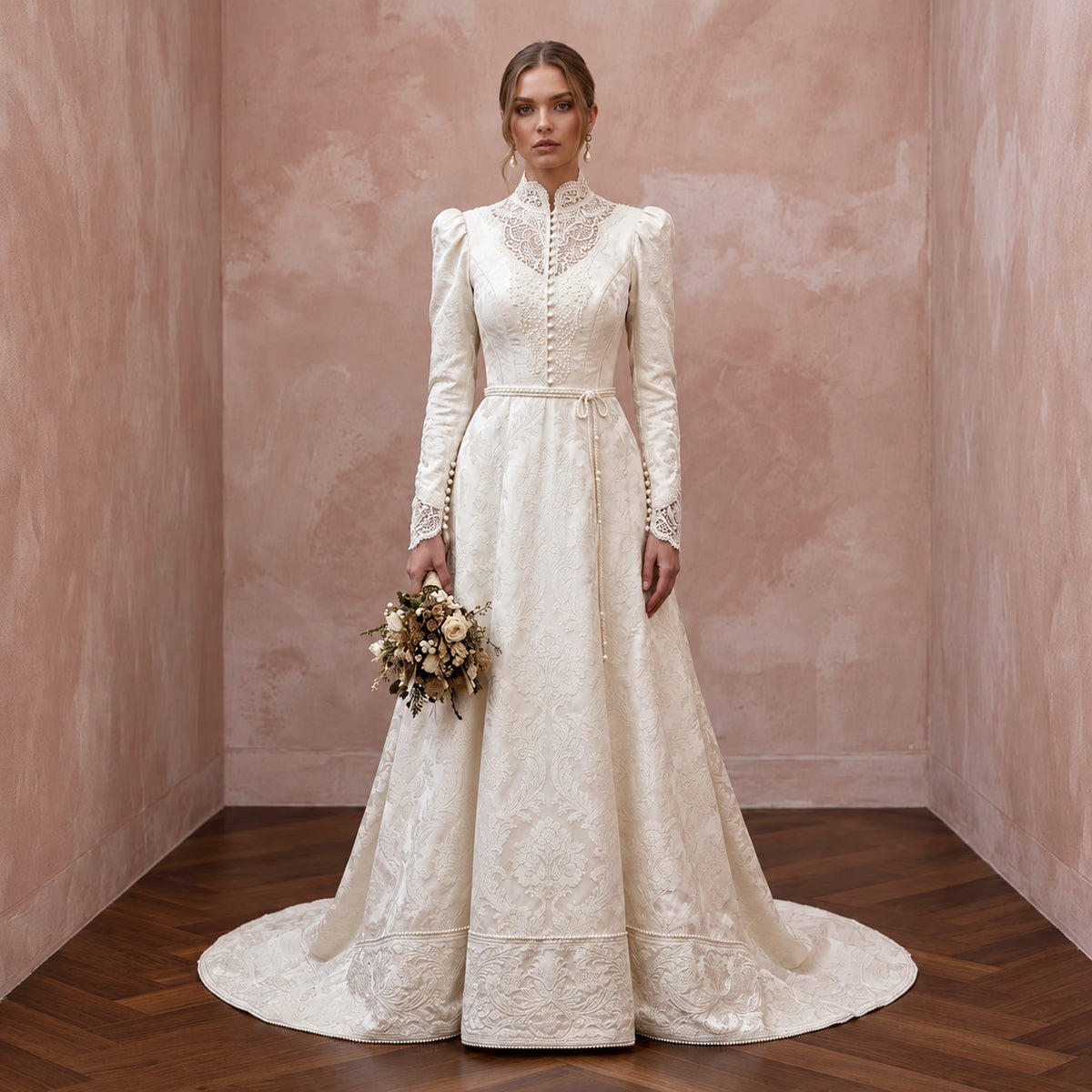 Victorian - Inspired Ivory Brocade High - Neck Wedding Gown for Themed Vow Exchange - Apparel & Accessories > Clothing > Wedding & Bridal Party Dresses > Wedding Dresses - Mignonette Bridal Main image