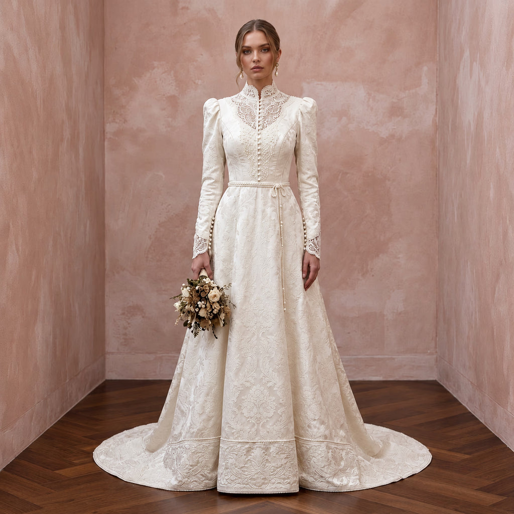 Victorian - Inspired Ivory Brocade High - Neck Wedding Gown for Themed Vow Exchange - Apparel & Accessories > Clothing > Wedding & Bridal Party Dresses > Wedding Dresses - Mignonette Bridal