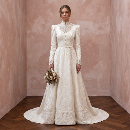 Victorian - Inspired Ivory Brocade High - Neck Wedding Gown for Themed Vow Exchange - Apparel & Accessories > Clothing > Wedding & Bridal Party Dresses > Wedding Dresses - Mignonette Bridal