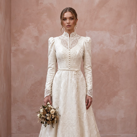 Victorian - Inspired Ivory Brocade High - Neck Wedding Gown for Themed Vow Exchange - Apparel & Accessories > Clothing > Wedding & Bridal Party Dresses > Wedding Dresses - Mignonette Bridal