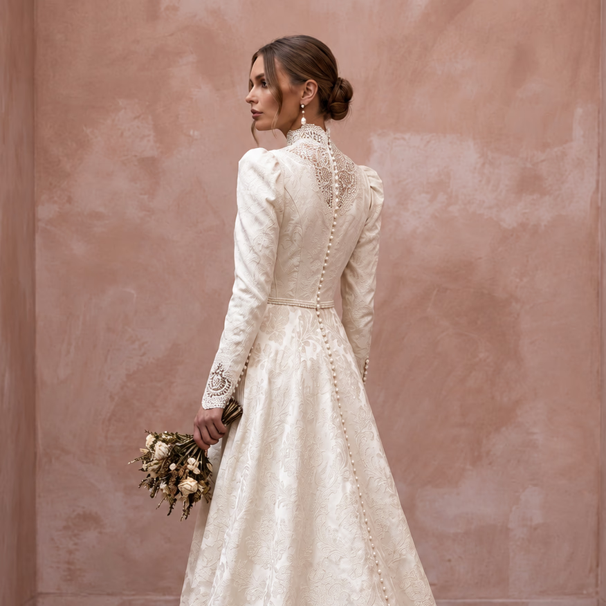 Victorian - Inspired Ivory Brocade High - Neck Wedding Gown for Themed Vow Exchange - Apparel & Accessories > Clothing > Wedding & Bridal Party Dresses > Wedding Dresses - Mignonette Bridal