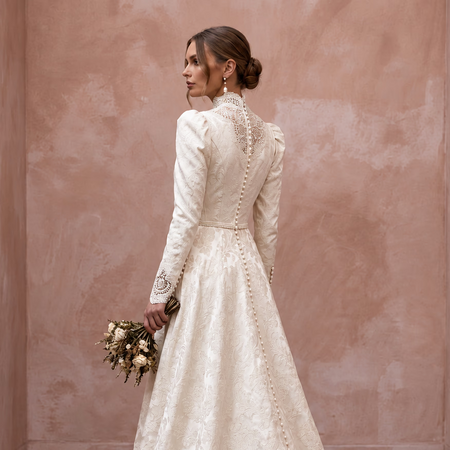 Victorian - Inspired Ivory Brocade High - Neck Wedding Gown for Themed Vow Exchange - Apparel & Accessories > Clothing > Wedding & Bridal Party Dresses > Wedding Dresses - Mignonette Bridal