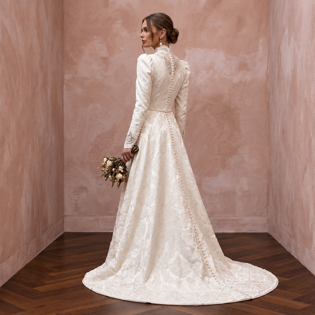 Victorian-Inspired Ivory Brocade High-Neck Wedding Gown for Themed Vow Exchange Secondary image