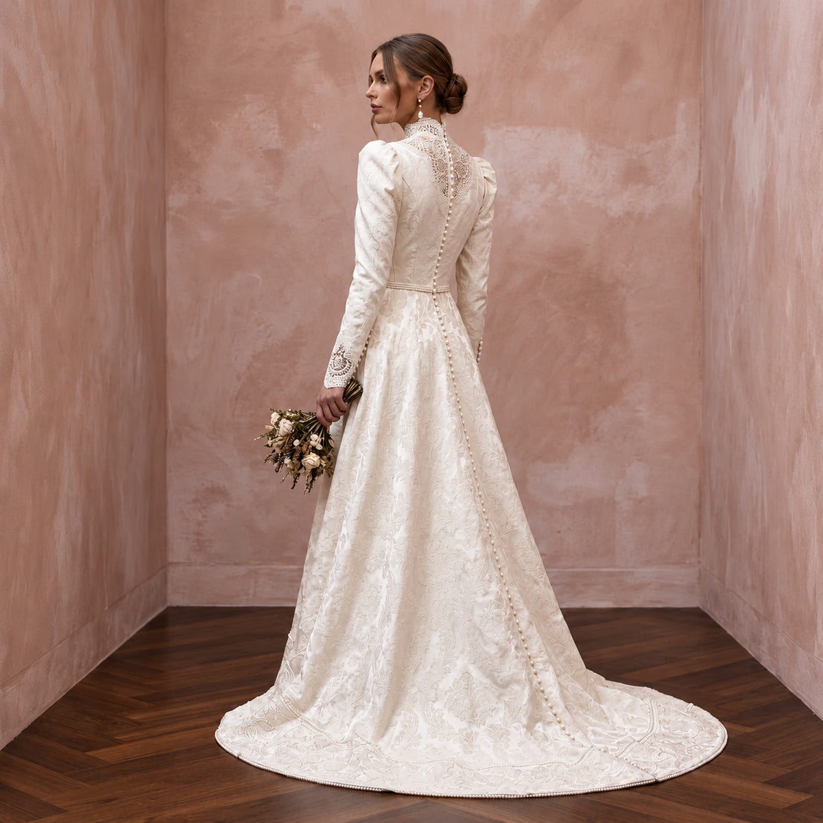 Victorian - Inspired Ivory Brocade High - Neck Wedding Gown for Themed Vow Exchange - Apparel & Accessories > Clothing > Wedding & Bridal Party Dresses > Wedding Dresses - Mignonette Bridal