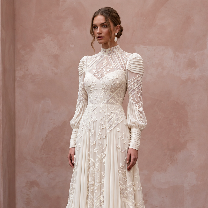 Victorian Inspired Chiffon Wedding Dress with High Neck