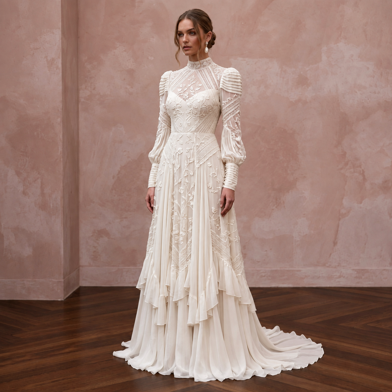 Victorian Inspired Chiffon Wedding Dress with High Neck Main image