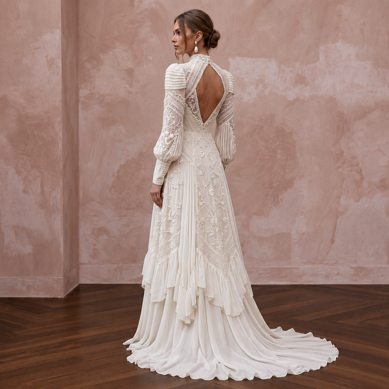 Victorian Inspired Chiffon Wedding Dress with High Neck Secondary image