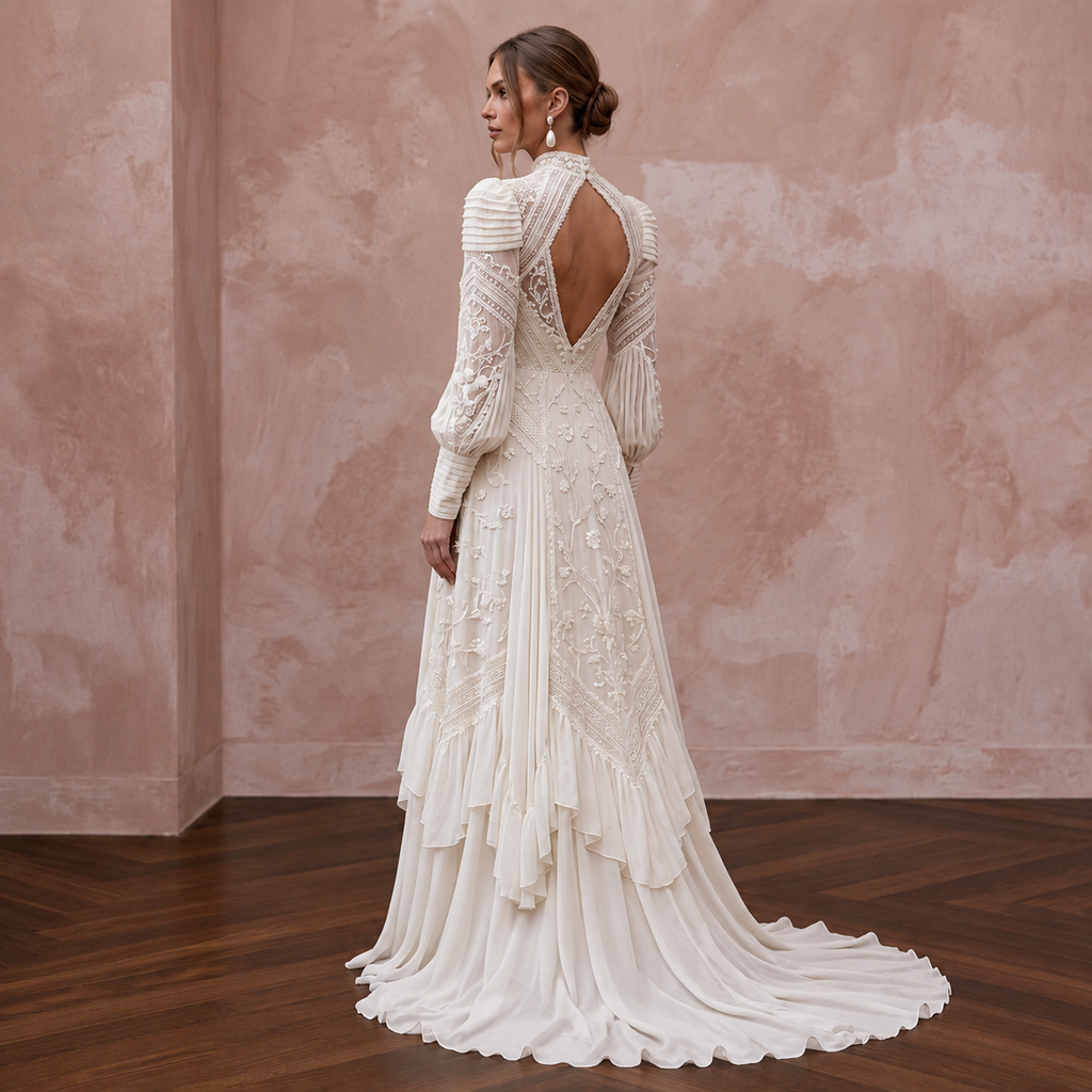 Victorian Inspired Chiffon Wedding Dress with High Neck