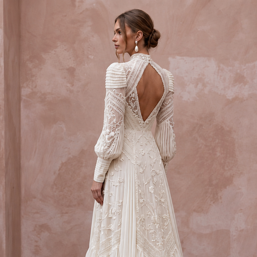 Victorian Inspired Chiffon Wedding Dress with High Neck