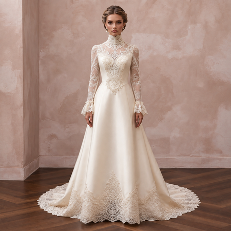 Victorian Inspired Wedding Dress with High Neck and Lace
