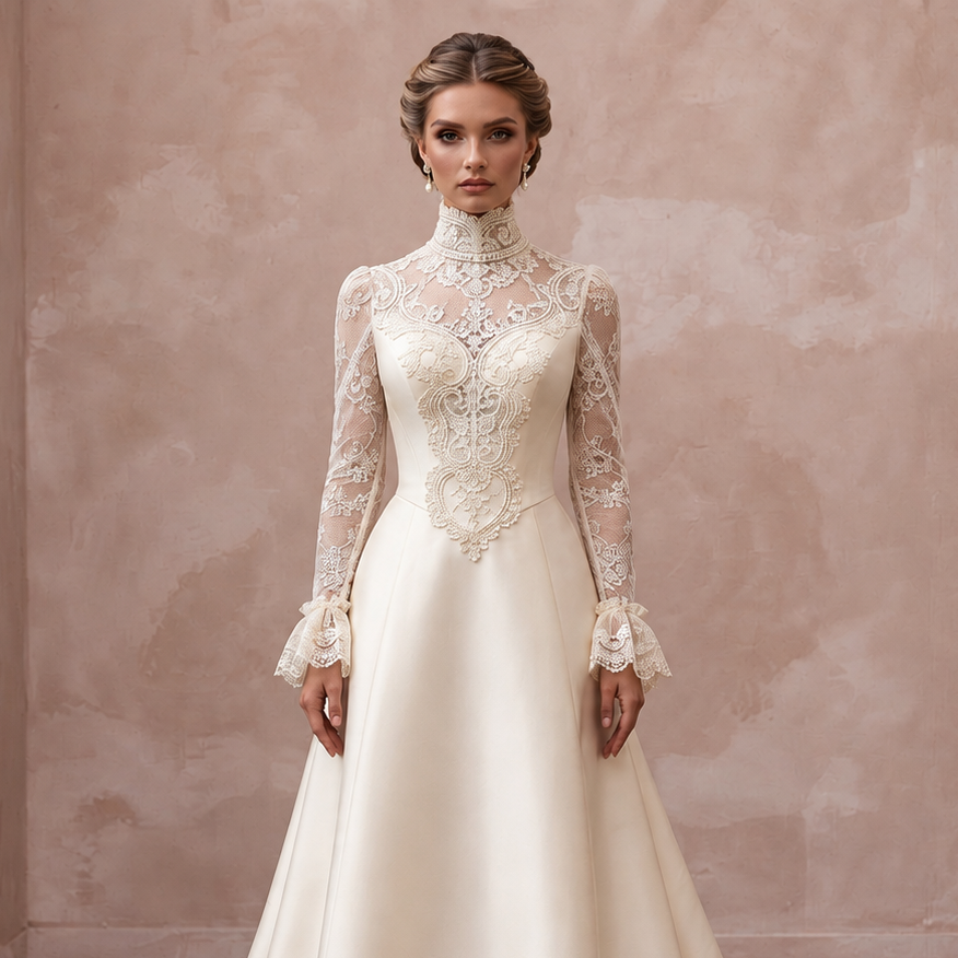 Victorian Inspired Wedding Dress with High Neck and Lace