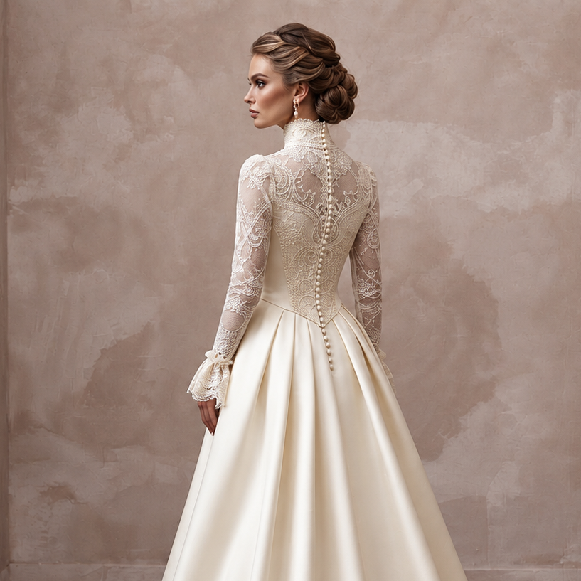 Victorian Inspired Wedding Dress with High Neck and Lace