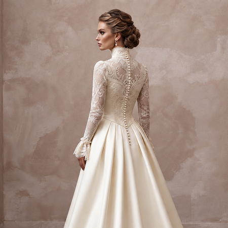Victorian Inspired Wedding Dress with High Neck and Lace