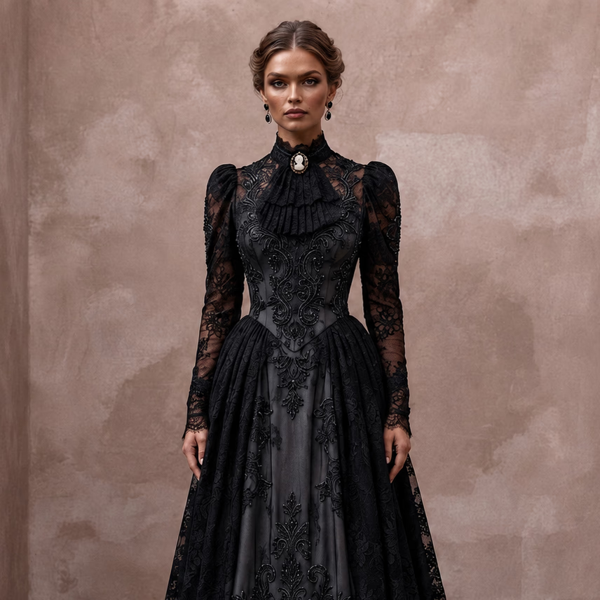 Victorian Mourning - Inspired Black Lace Gown for Alternative Elopement - Apparel & Accessories > Clothing > Wedding & Bridal Party Dresses > Wedding Dresses - Mignonette Bridal