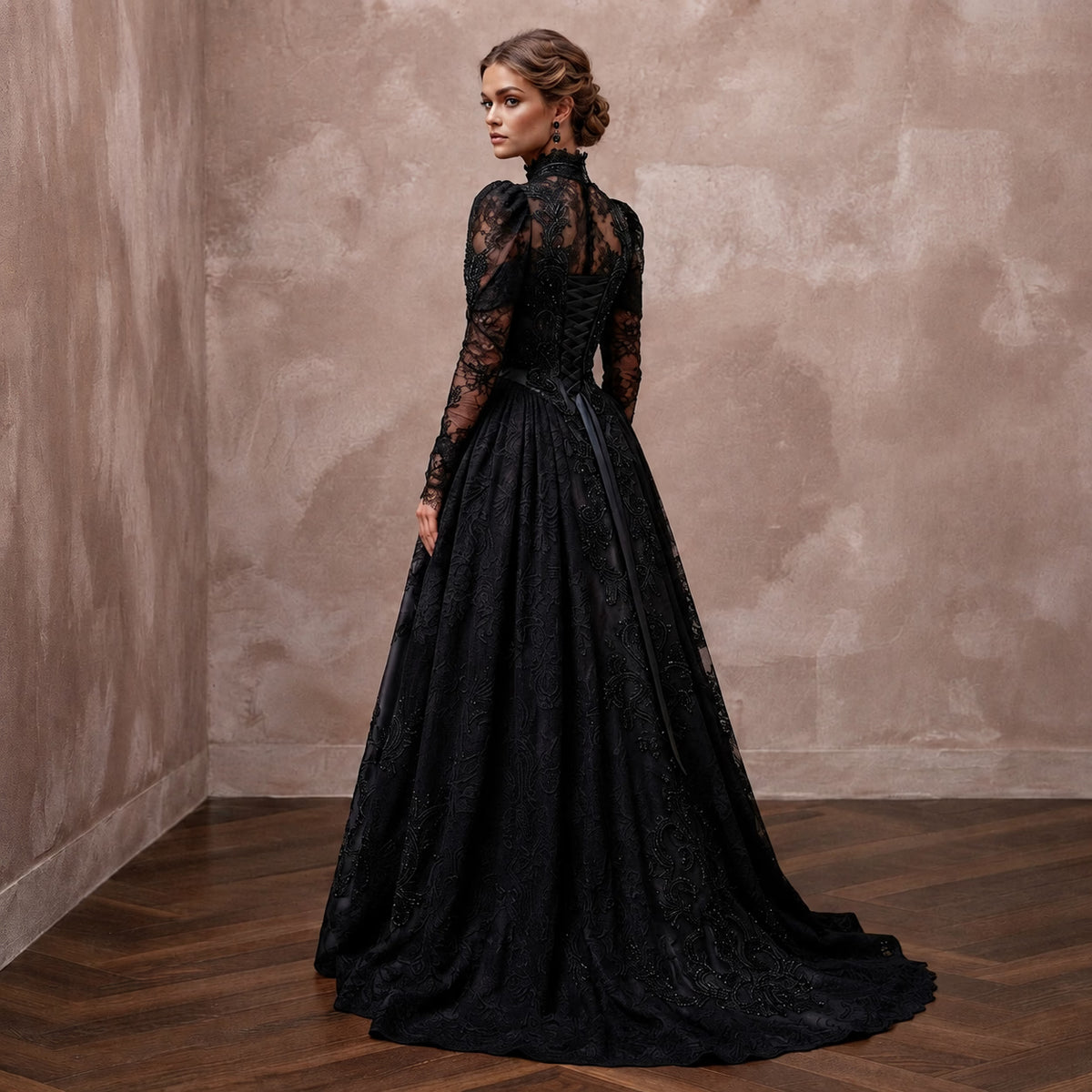 Victorian Mourning - Inspired Black Lace Gown for Alternative Elopement - Apparel & Accessories > Clothing > Wedding & Bridal Party Dresses > Wedding Dresses - Mignonette Bridal