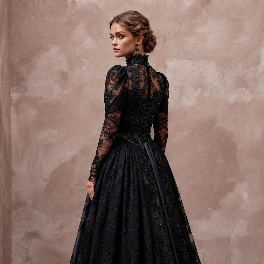 Victorian Mourning - Inspired Black Lace Gown for Alternative Elopement - Apparel & Accessories > Clothing > Wedding & Bridal Party Dresses > Wedding Dresses - Mignonette Bridal