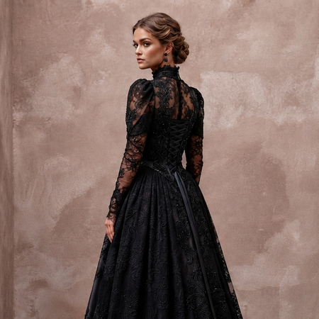 Victorian Mourning - Inspired Black Lace Gown for Alternative Elopement - Apparel & Accessories > Clothing > Wedding & Bridal Party Dresses > Wedding Dresses - Mignonette Bridal