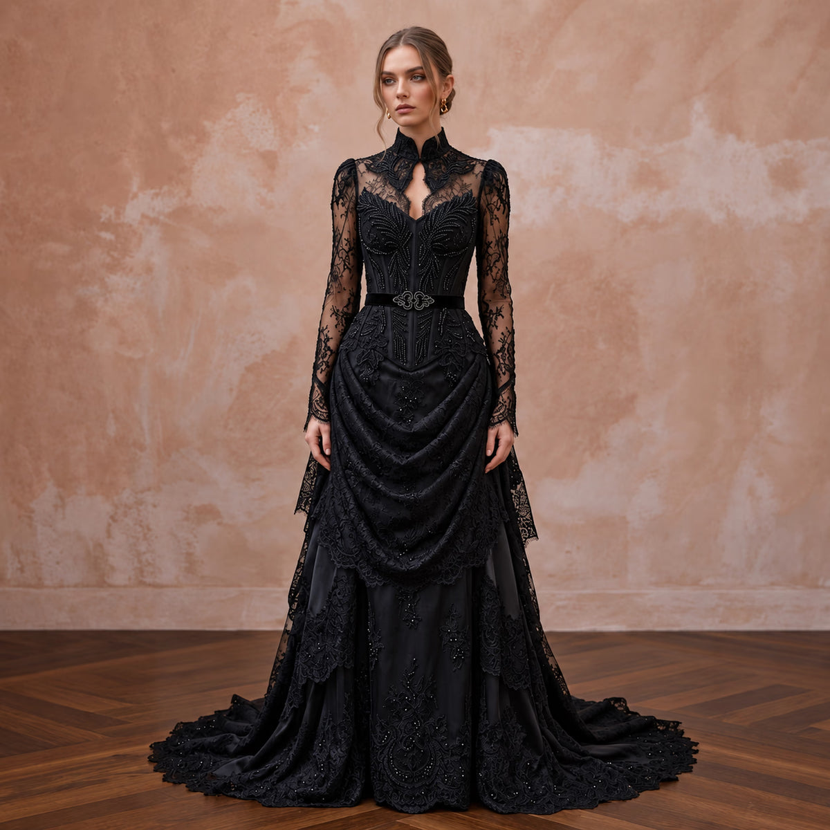 Victorian Mourning-Inspired Black Lace Wedding Gown for Alternative Elopement
