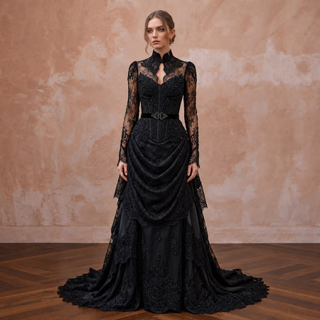 Victorian Mourning-Inspired Black Lace Wedding Gown for Alternative Elopement