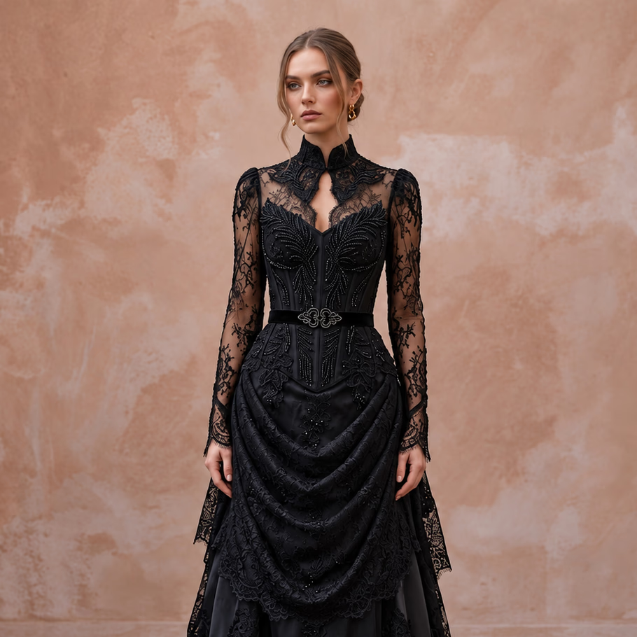 Victorian Mourning-Inspired Black Lace Wedding Gown for Alternative Elopement
