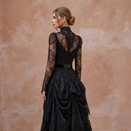 Victorian Mourning-Inspired Black Lace Wedding Gown for Alternative Elopement