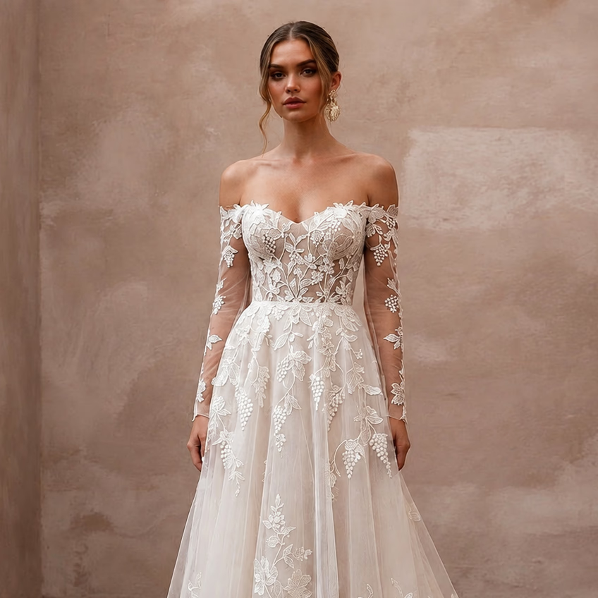 Vineyard Wedding Dresses with Botanical Lace Motifs - Apparel & Accessories > Clothing > Wedding & Bridal Party Dresses > Wedding Dresses - Mignonette Bridal