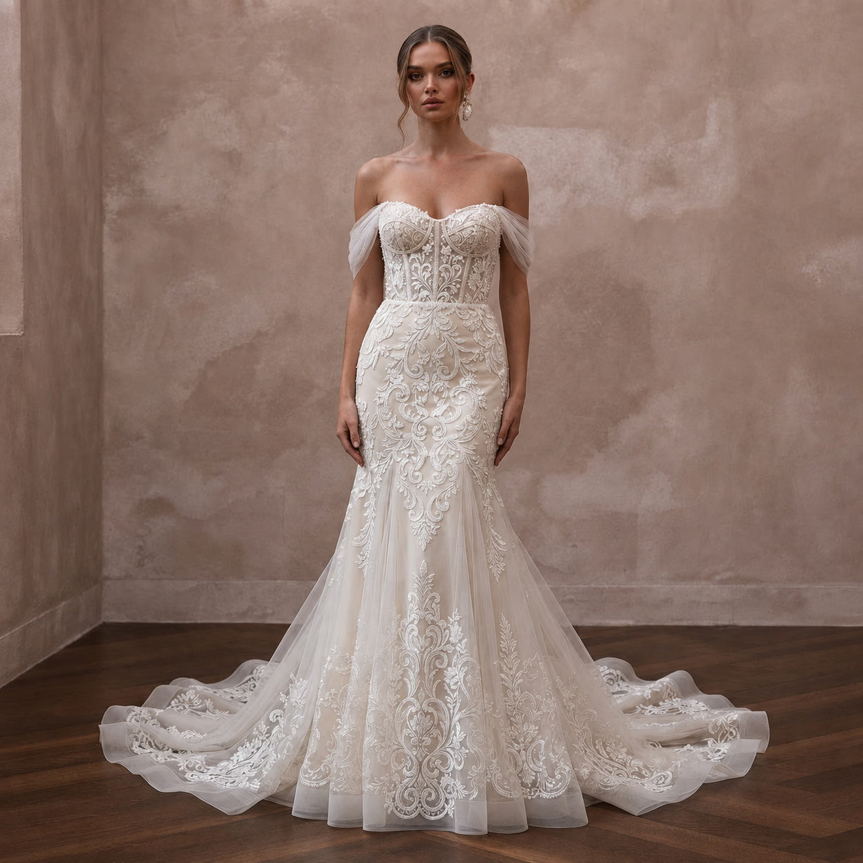 Vintage - Inspired Antique White Embroidered Tulle Fit - and - Flare Bridal Dress - Apparel & Accessories > Clothing > Wedding & Bridal Party Dresses > Wedding Dresses - Mignonette Bridal Main image