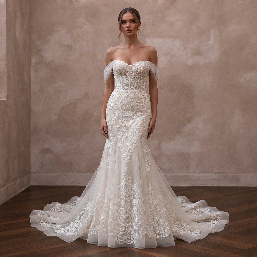 Vintage-Inspired Antique White Embroidered Tulle Fit-and-Flare Bridal Dress