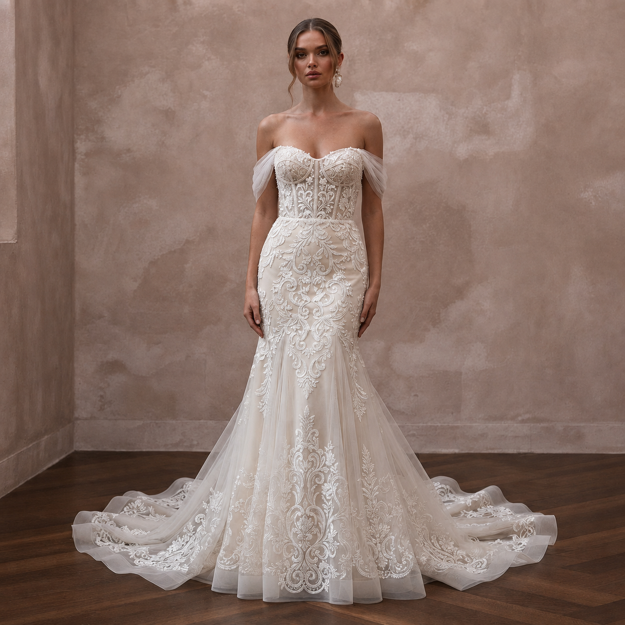 Vintage-Inspired Antique White Embroidered Tulle Fit-and-Flare Bridal Dress