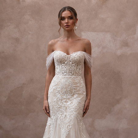 Vintage-Inspired Antique White Embroidered Tulle Fit-and-Flare Bridal Dress
